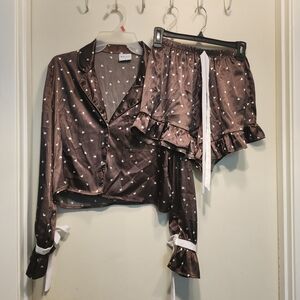 Abella Brown Heart Print Pajama Set